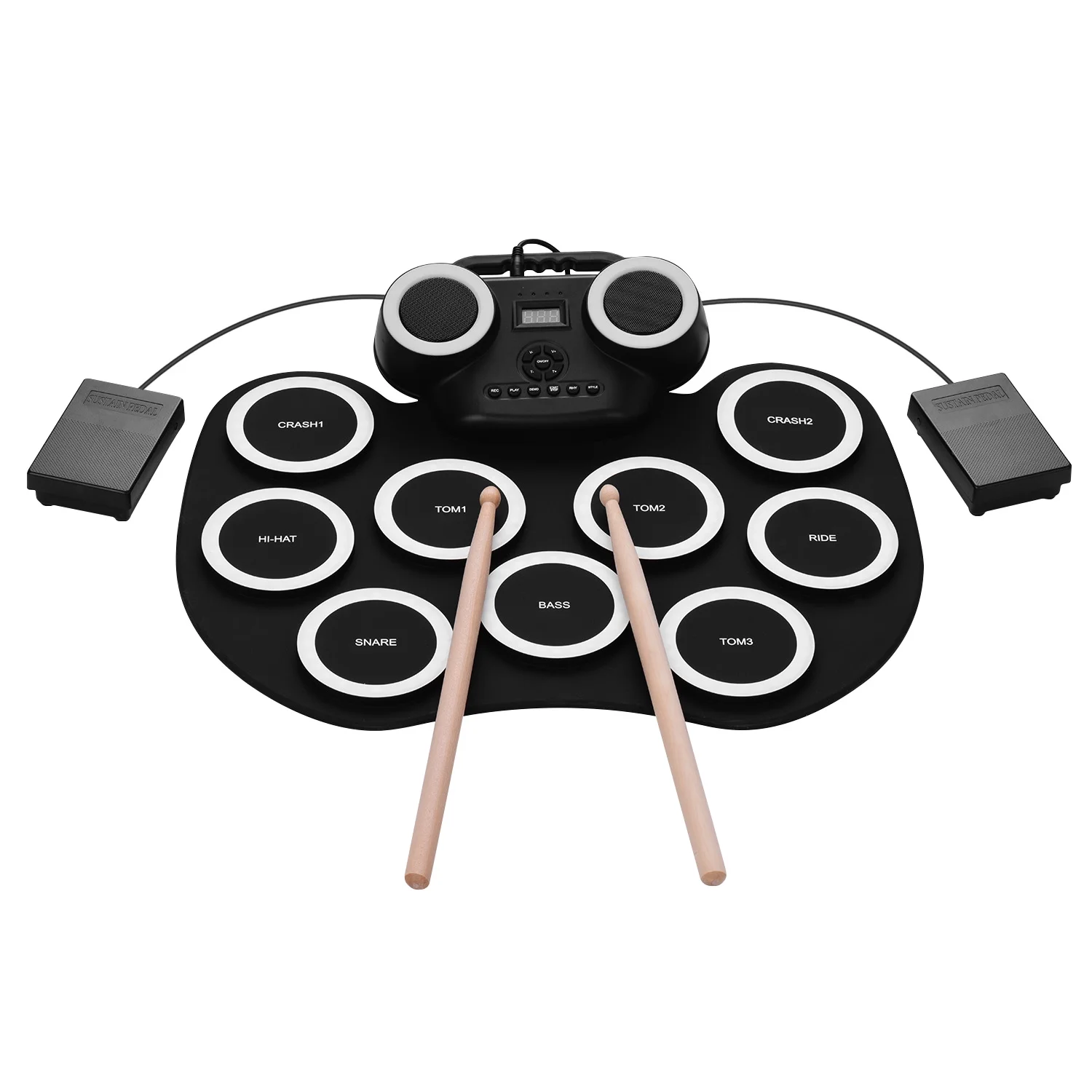 Meterk Portable Roll-up Electronic Drum Pad Silicon Digital Drum with Built-in Speakers Foot Pedals Headphone Monitoring Colorful Light Built-in Battery