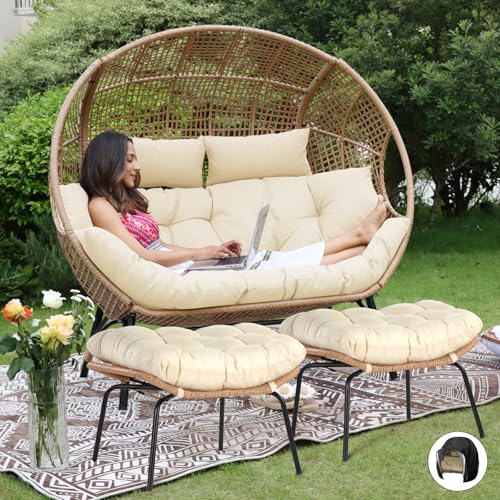 NICESOUL® Double Egg Chair Indoor Outdoor Stationary Oversized Thicken Padded Cushions, 2 Person Egg Loveseat Chair, 680 lbs Extra Large Lounge Chair for Patio Balcony Porch Backyard Gray, Xmas Gift