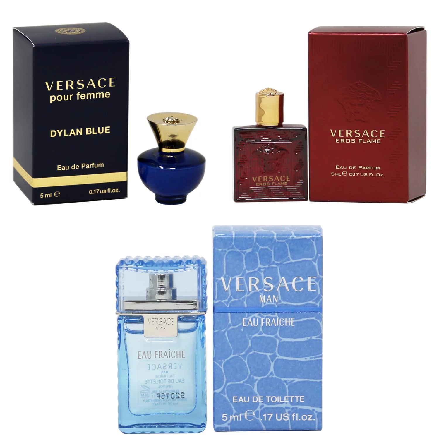 Versace Dylan Blue Femme EDP, Eros Flame EDP, Man Eau Fraiche EDT - 5ml 3PK Kit