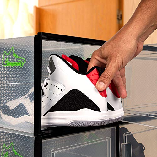 BLACK LARGE 6 pack - 14.6 Inches Long for BIG Shoes & Sneakers, Shoe Storage Organizer, Shoe Storage Boxes, Shoe Box Clear Plastic Stackable, Shoe Containers, Shoe Organizer for Closet