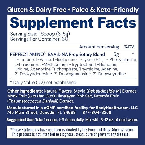 BodyHealth PerfectAmino Powder - BCAA and EAA Powder for Pre and Post Workout - Amino Acid Energy Drink Powder for Men and Women to Support Lean Muscle and Recovery - Vanilla - 30 Servings