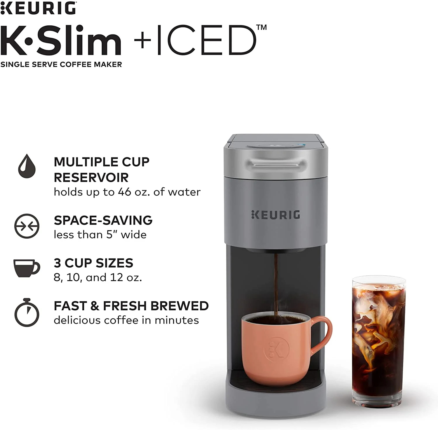 Keurig K-Slim + ICED Single Serve Coffee Maker Brews 8 to 12oz. Cups (Gray)