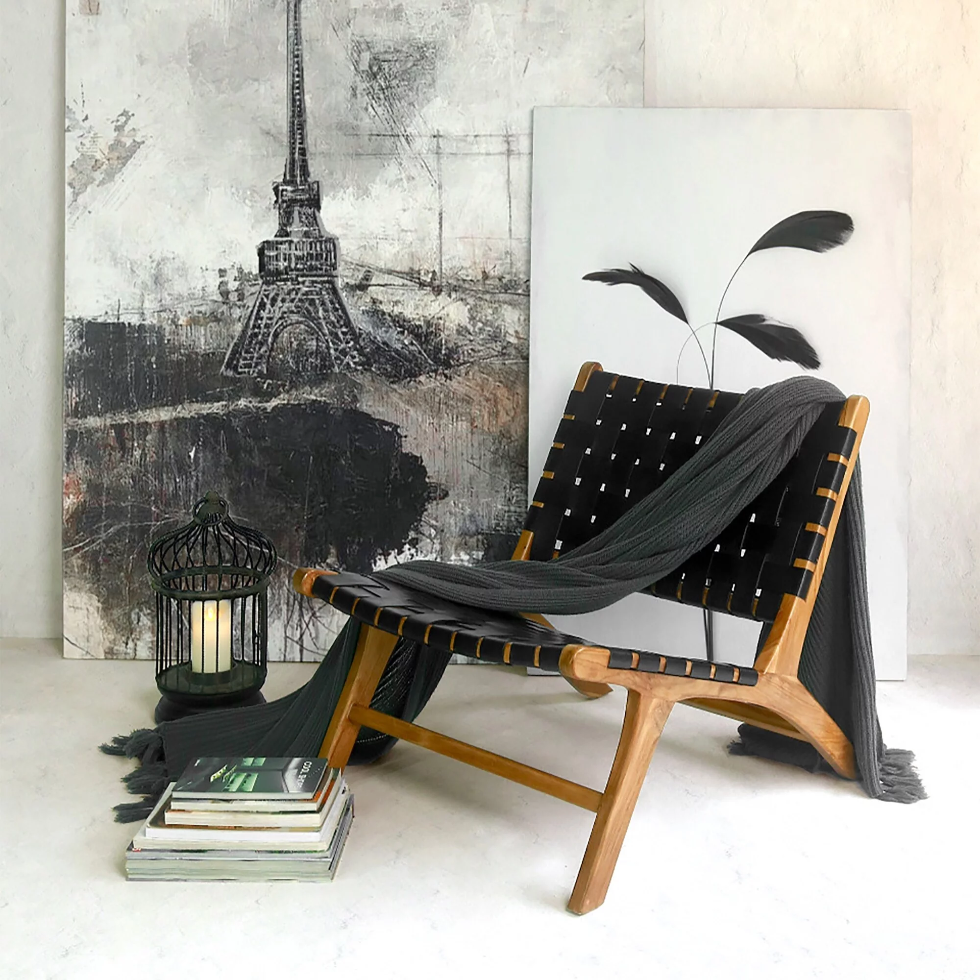 Warehouse of Tiffany Brisot Square Weave Leather on Teak Wood Lounge Chair Black