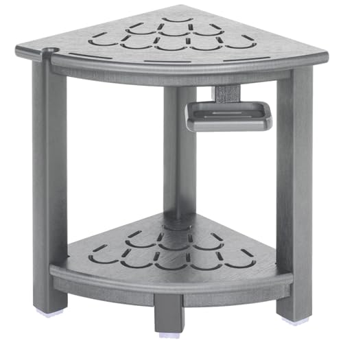 nalone Corner Shower Stool, HDPE Shower Bench for Inside Shower, Small Shower Chair Seat for Shaving Legs with Storage Shelf, Soap Box and Adjustable Feet (Black)