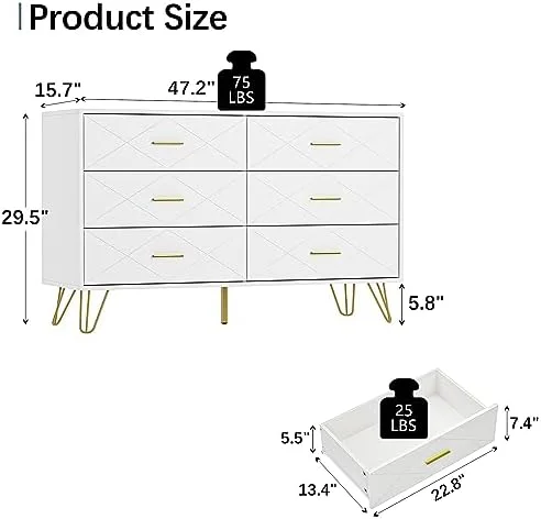 KHBIULIFE White Dresser for Bedroom   Dresser with 6 Deep Drawers  Wide Chest of Drawers with Gold Handles for Living Room