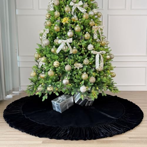 60-Inch Ruffled Velvet Christmas Tree Skirt with Foam Padding, Nylon Backing and Lace-Up Tie Closure, Burgundy