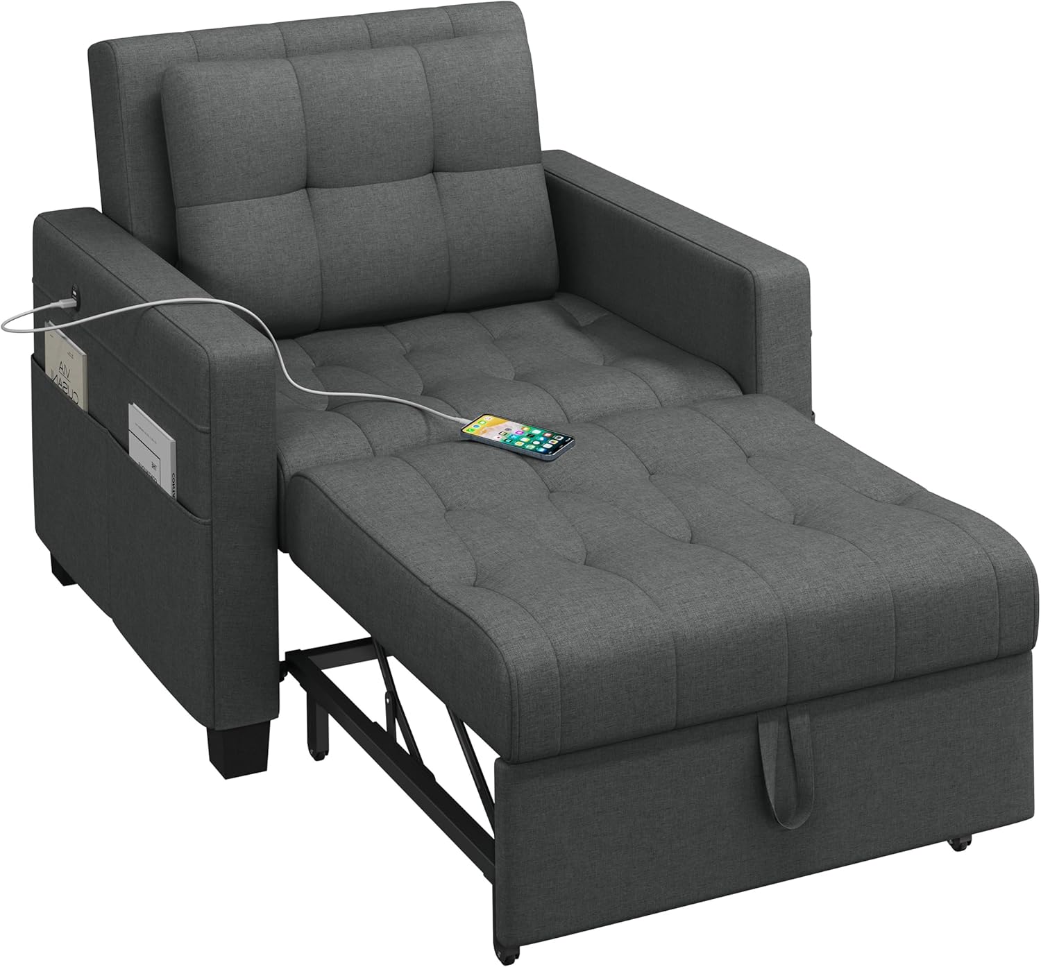 Yaheetech Convertible Chair Bed Fabric Futon Sofa Chair 3-in-1 Sleeper Chair Adjustable Armchair Sleeper with 2 USB Ports for Living Room Limited Space Office Apartment, Dark Gray