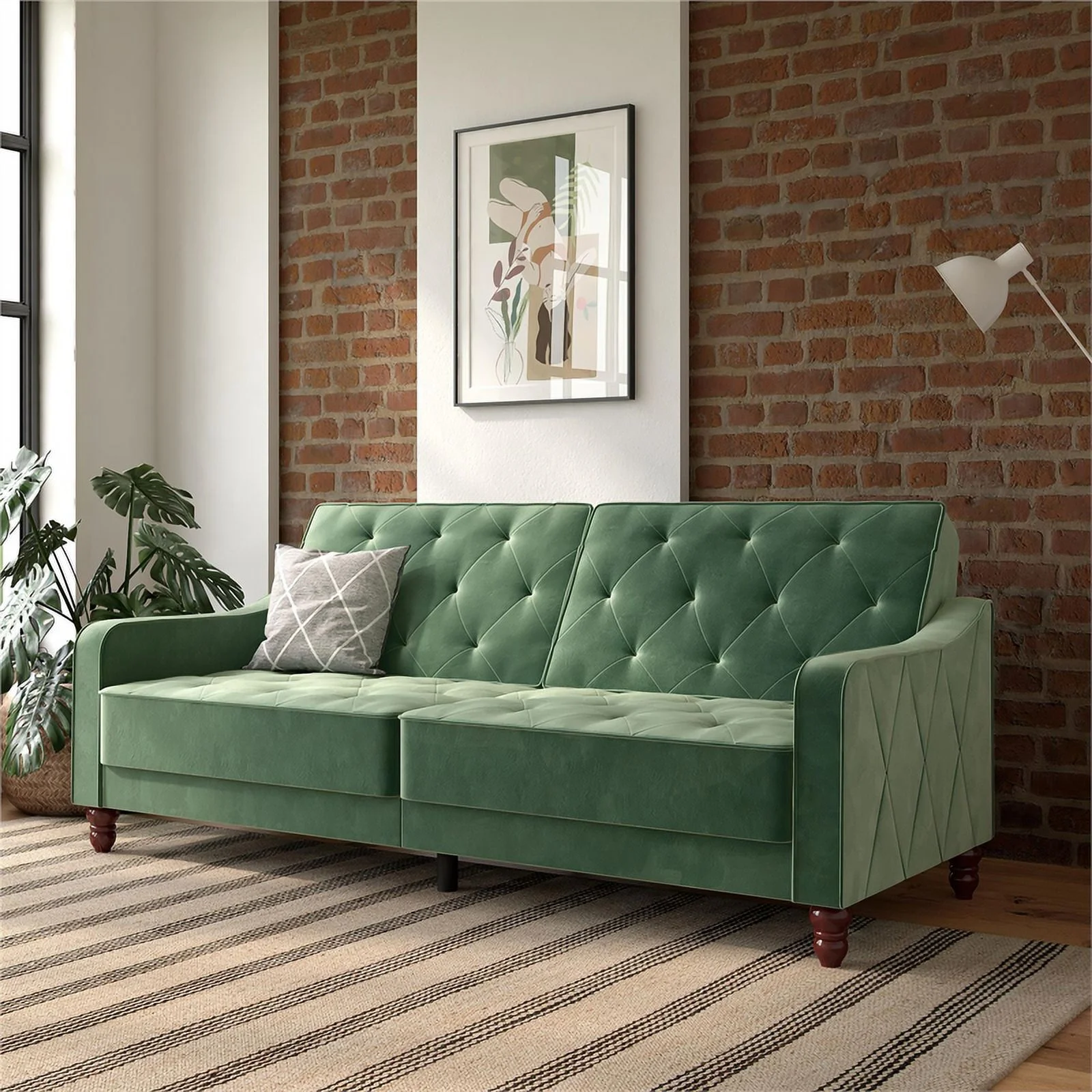 Pemberly Row Vintage Tufted Split Back Futon in Light Green Velvet