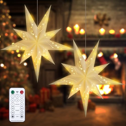 2 Pack 27 Inch Paper Star Lantern, 8 Modes 9-Pointed Star Diwali Hanging Lights, Christmas Decorations Lamp Indoor for Birthday Wedding Party, White