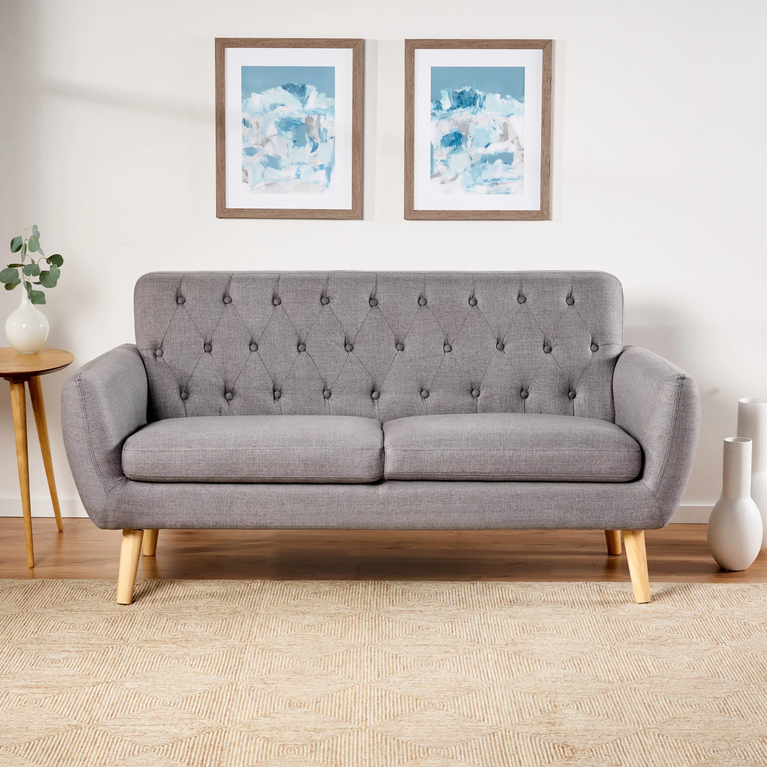 Noble House Amaro Mid Century Modern Tufted Fabric Sofa, Dark Grey