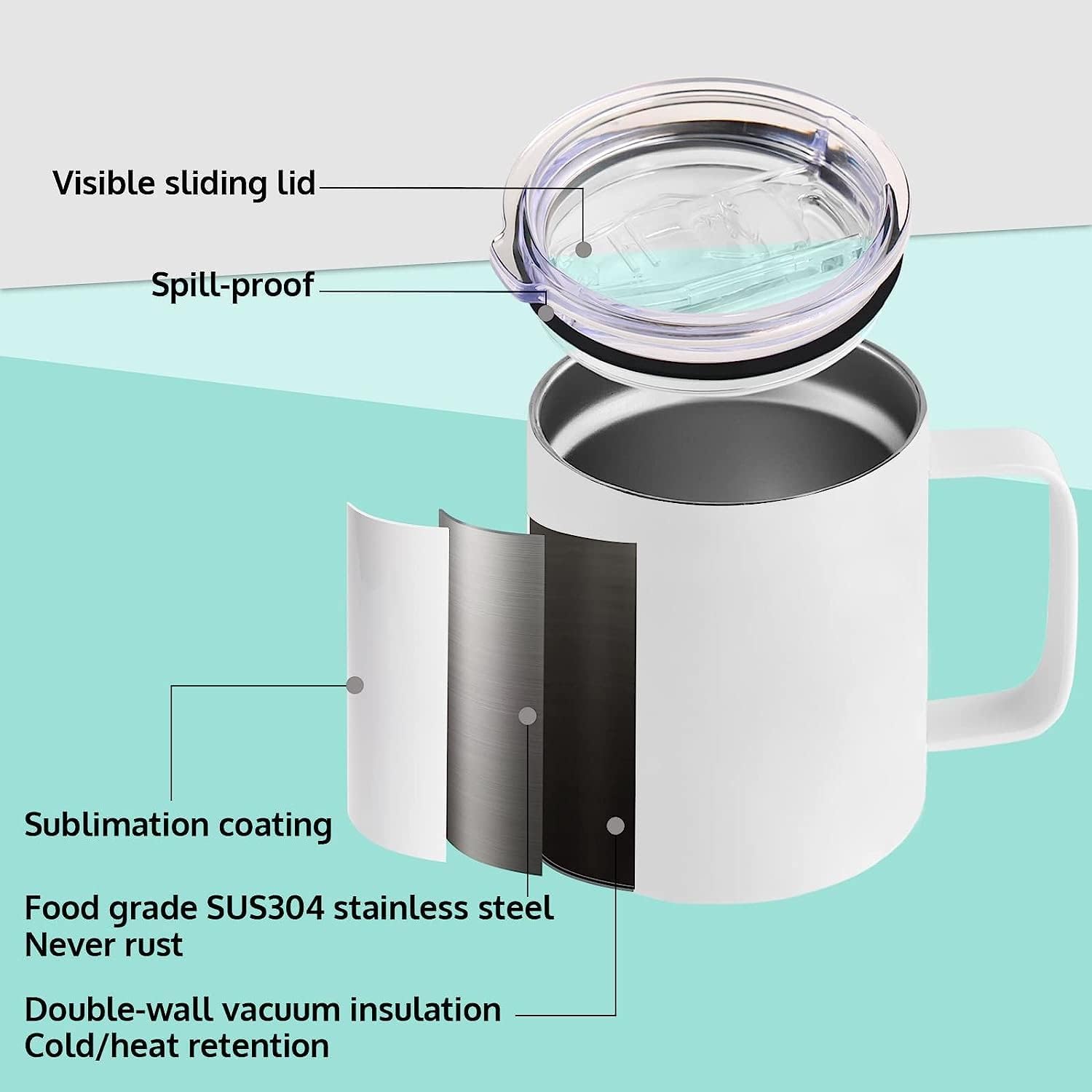 Lagute 12 Oz Sublimation Blank Mug Set, Stainless Steel Double Wall Insulated Cups,Coffee Tumbler Coffee Mugs with Handles and Lids, Birthday Diy Gift, 4 Pack/White