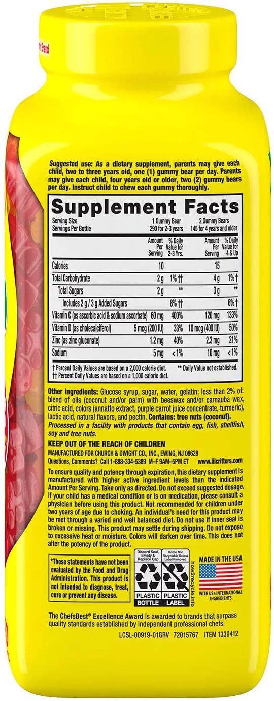 L'il Critters Kids' Immune C Plus Zinc and Vitamin D, (290 ct.)