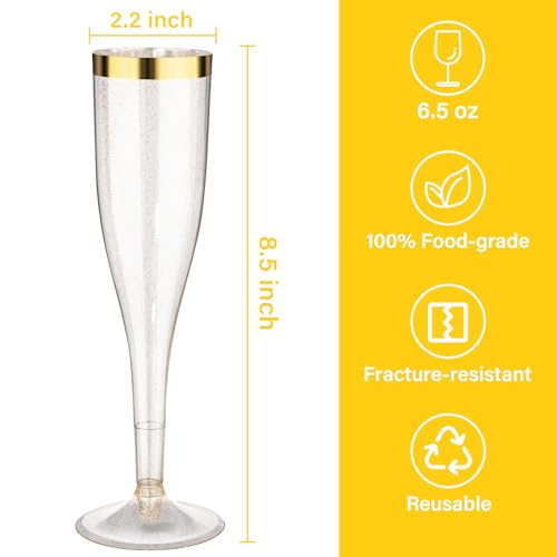 Goodluck 36 Pack 6.5 oz Plastic Gold Glitter Champagne Flutes with Gold Rim, Disposable Champagne Toasting Glasses for Wedding, Engagement, Party, Mimosa Bar