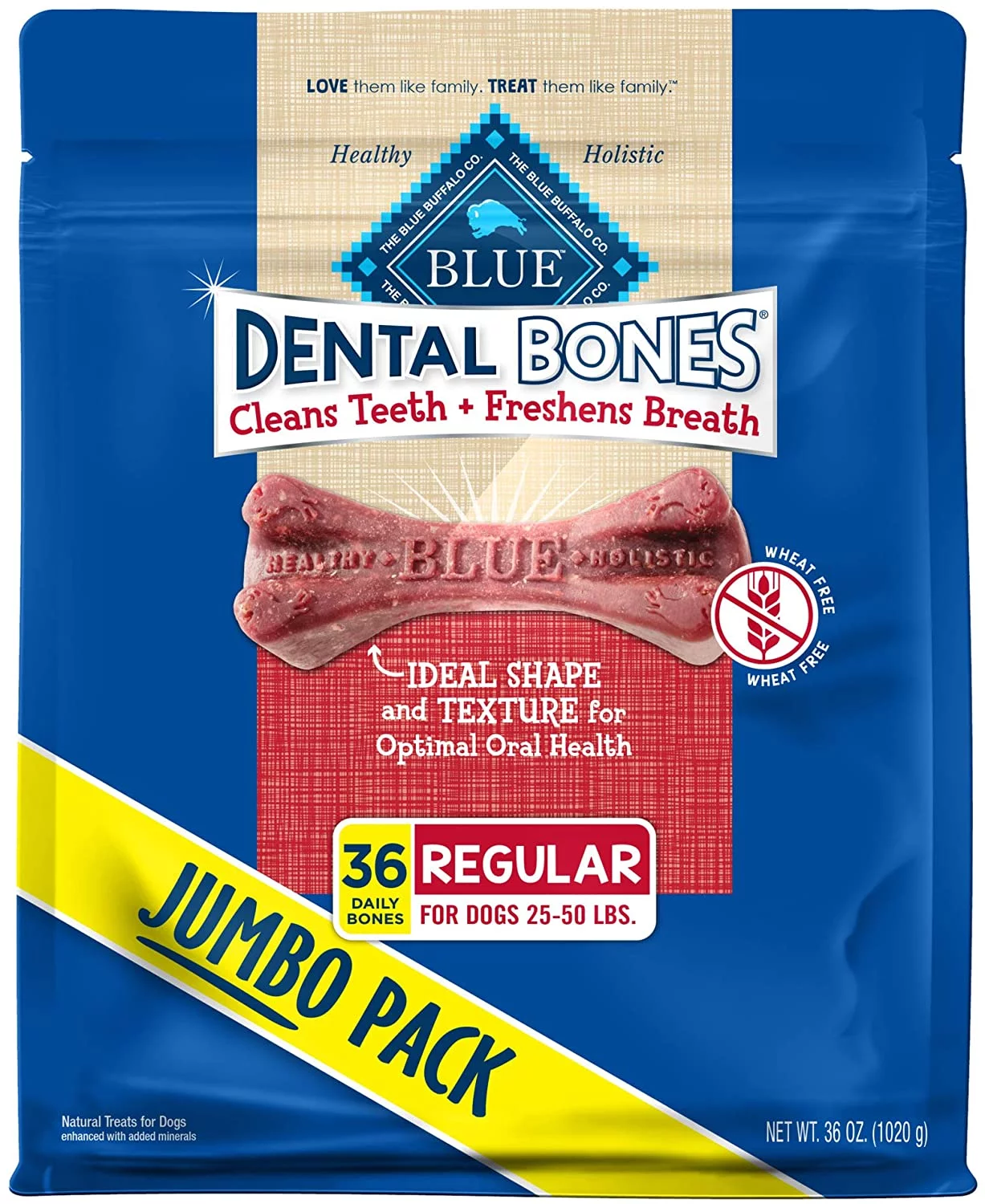 Blue Buffalo Dental Bones Regular Natural Dental Chew Dog Treats, (25-50 lbs) 36-oz Bag Jumbo Pack
