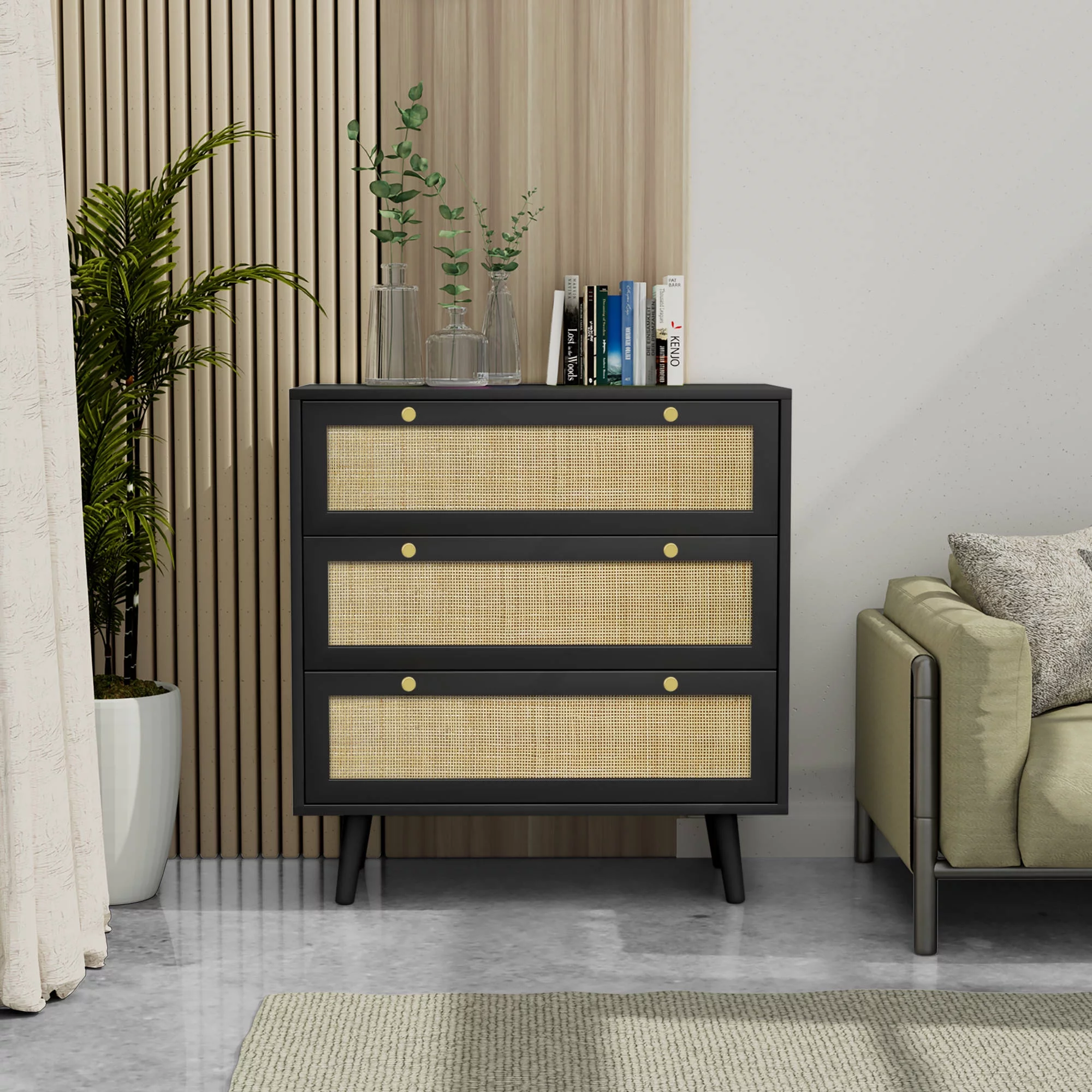 Eumyviv Black 3-Drawer Chest of Drawers with Pine Wood Legs Farmhouse Rattan Dresser Storage Cabinet H0075