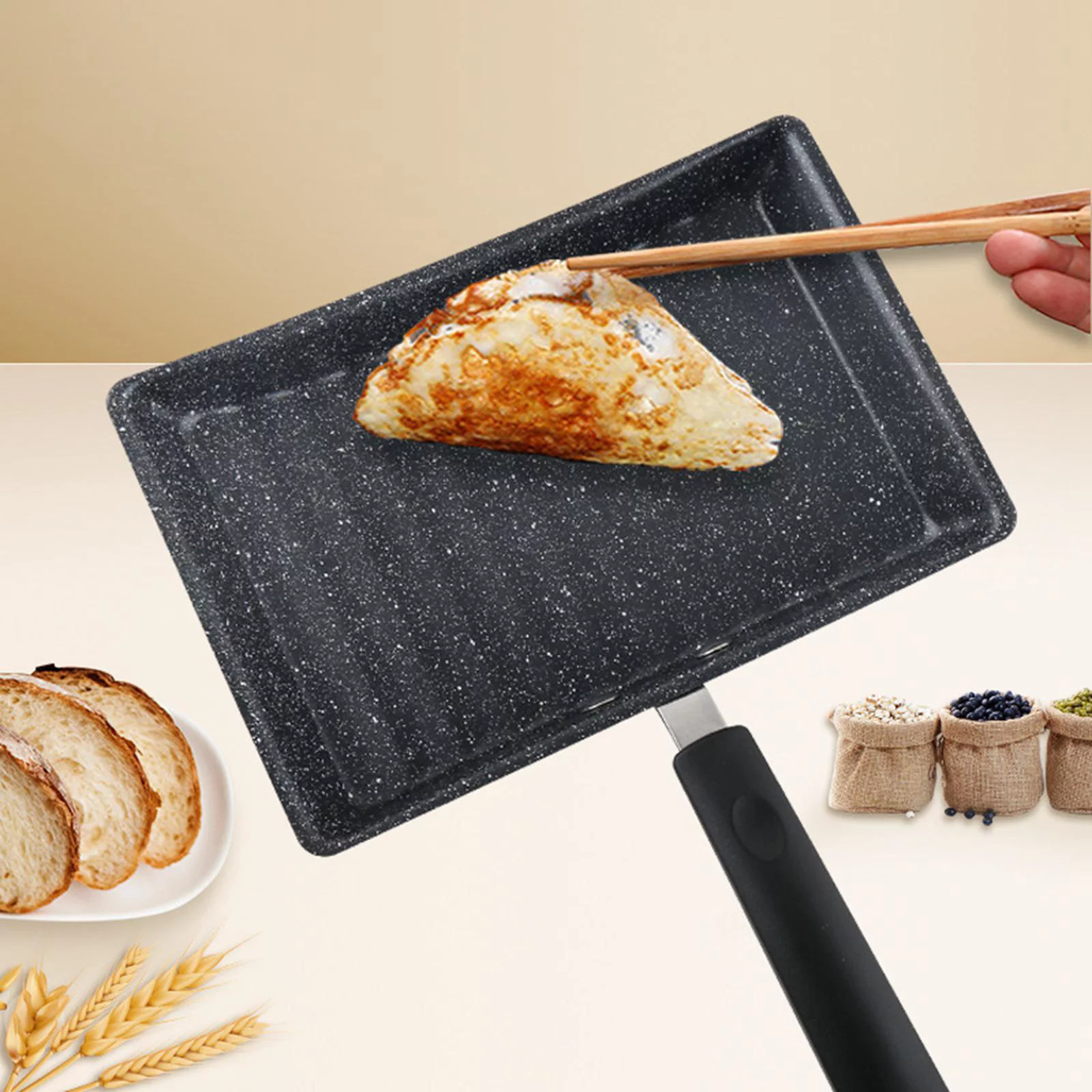 Frying Pan, with Handle Rectangle Bottom Japanese Omelette Fry Roll Steak Breakfast Cooking