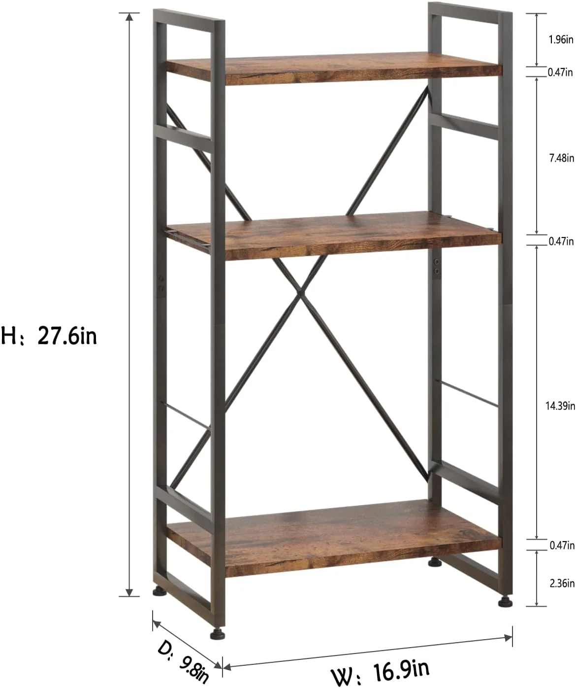 Bookshelf Organizer,3 Tiers Rustic Brown Small Bookcase for Small Space,Industrial Wooden Storage Bookcase Display Rack and Storage Organizer for Living Room and Home Office