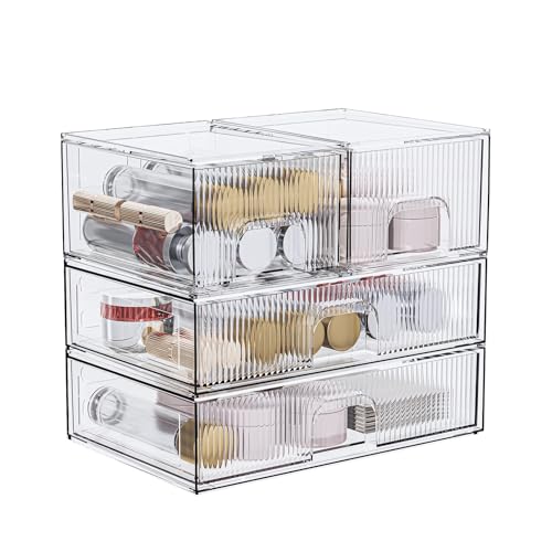 ZHIAI 3 Pack Clear Stackable Cosmetic Organizer with Acrylic Drawers for Cosmetics and Small Items for Dresser, Vanity, Kitchen Cabinet, Pantry, Home Organization and Storage