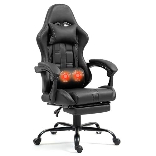 Massage Gaming Chair w/Footrest, Ergonomic High Back PC Chair w/Headrest and Lumbar, PU Swivel Home Desk Office Chair, Black