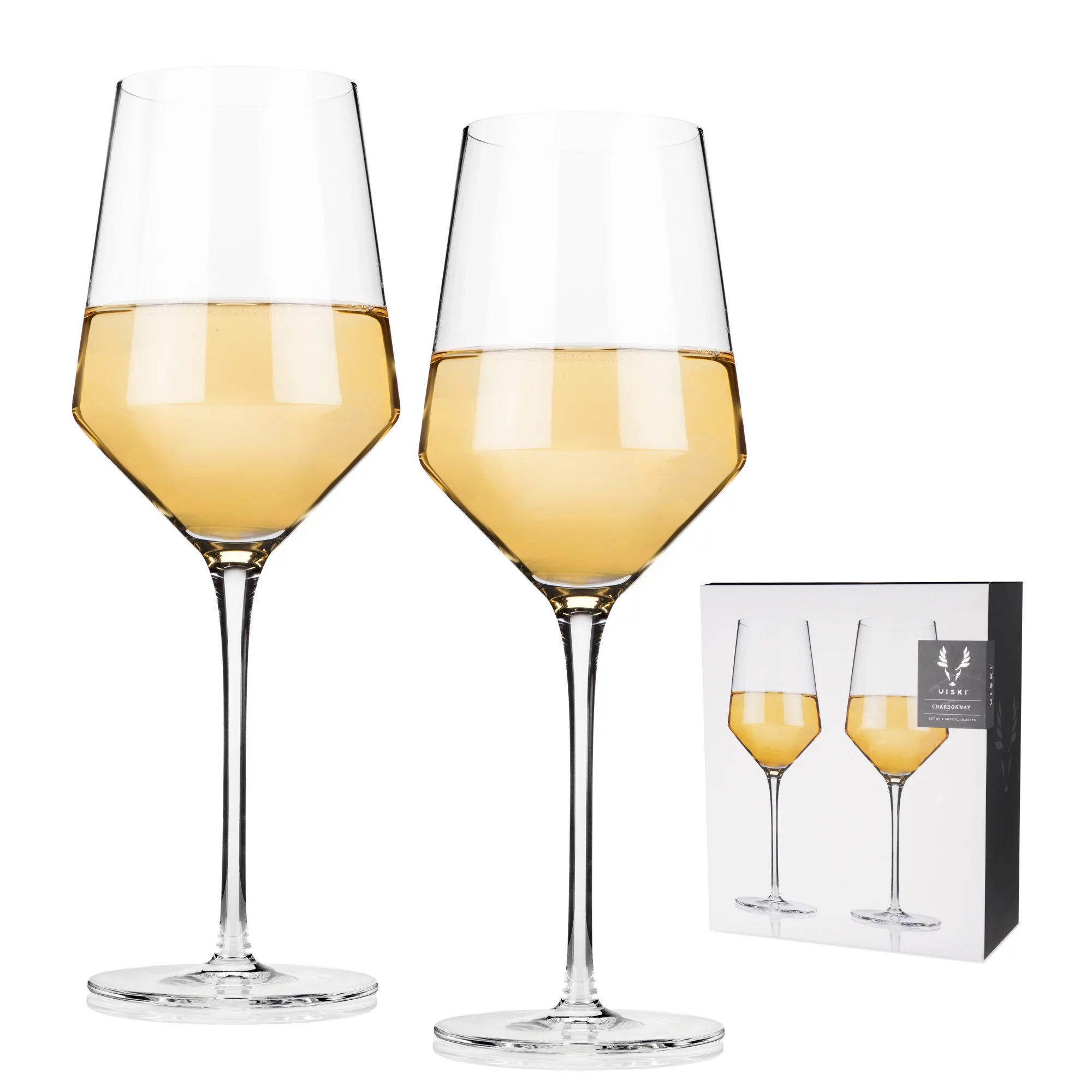 Viski Raye Modern Stemmed Angled Crystal Chardonnay Wine Glasses Set of 2