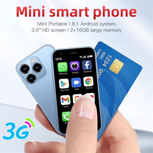 XS15 3G Mini Smartphone 3.0 Inch WiFi GPS China Mobile RAM 2GB ROM 16GB Quad Core Android 8.1 Cell Phones 3D Glass Slim Body Dual Sim Cute Palm Smartphone (Light Blue)