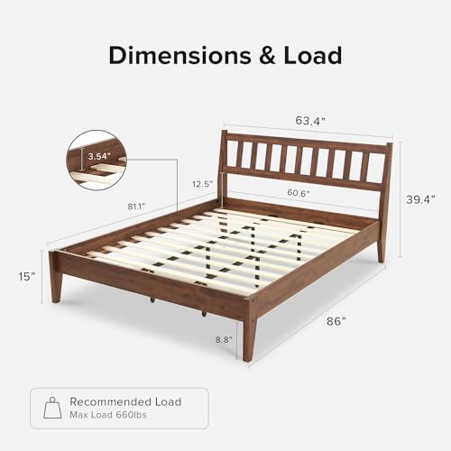 mopio Ted Bed Frame with Headboard, Mid Century Modern Acacia Solid Wood Platform Bed Frame, Wooden Slats, No Box Spring, Double Metal Bar Support (Solid Wood Slatted, Queen (U.S. Standard))