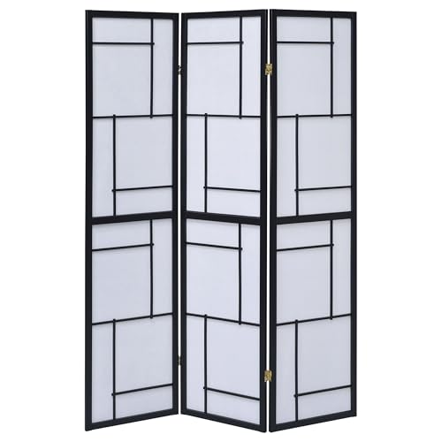 Coaster Home Furnishings - Damis - Solid Wood - 70-Inch 3-Panel Room Divider Folding Shoji Screen with White Paper Panels and Geometric Design - Living Room & Bedroom - Black and White - 900102