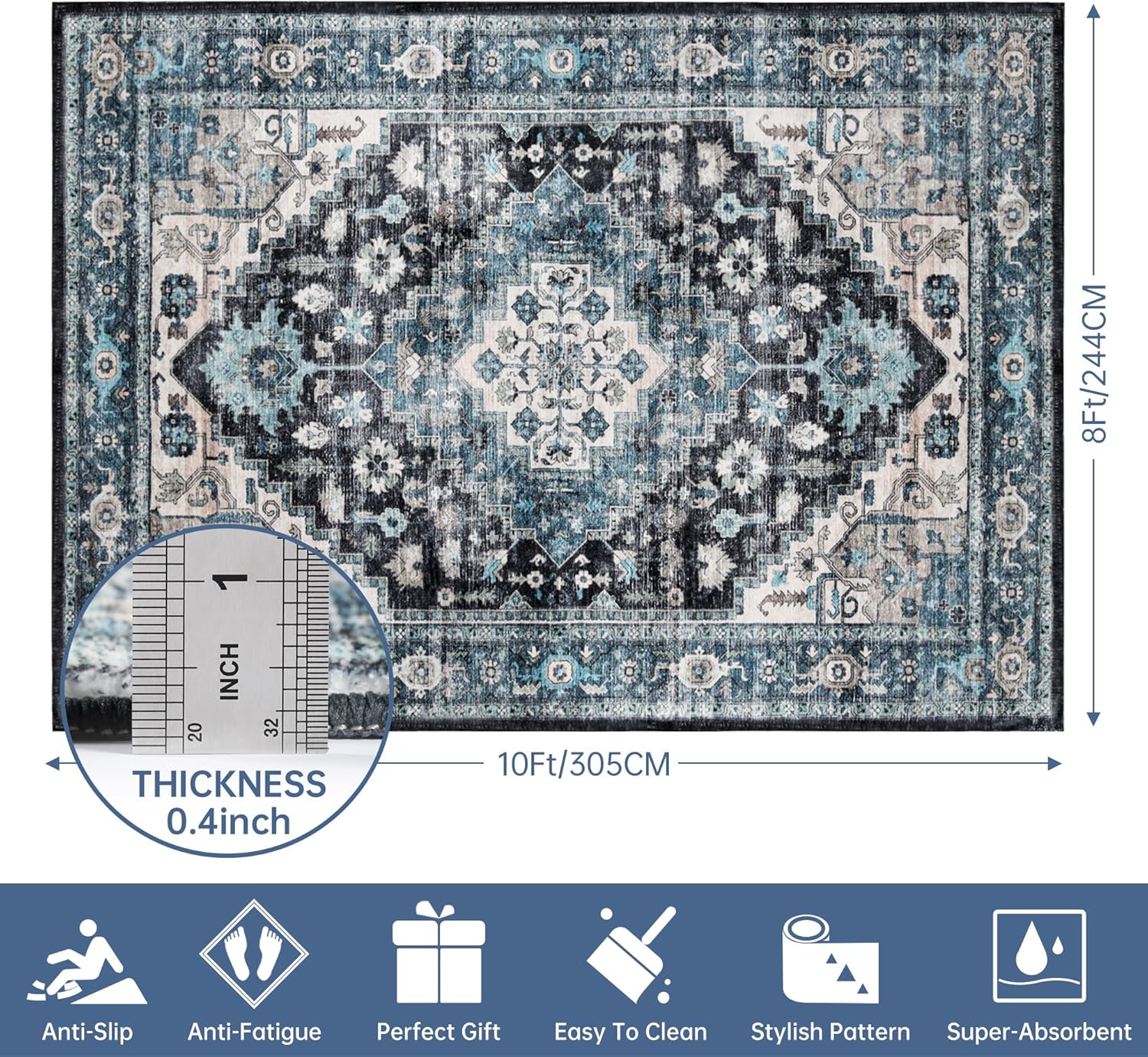 8x10 Area Rugs for Living Room,Non Slip Washable Vintage Rug Boho Rugs Large Blue Area Rug Indoor Stain Resistant Non-Shedding Carpet for Entryway Living Room Bedroom Kitchen(Blue)
