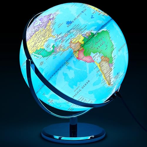 13 Inch Illuminated World Globe with Stand Rewritable Light up Globe for Kids World Map for Interactive Learning Large Globe Light with Base and Stand Light up Globe Lamp, Night LED Decor (Blue)