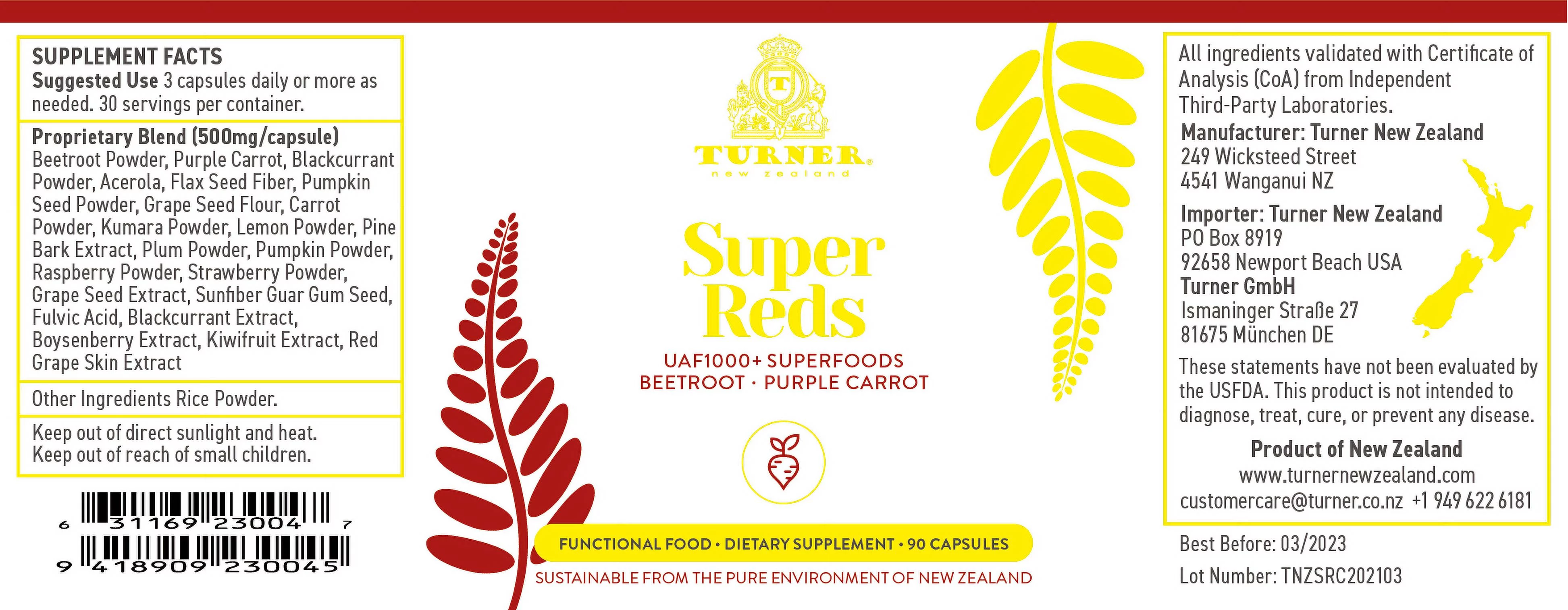 TURNER UAF1000+ Super Reds Capsules, Antioxidants, Superfood Energy, Essential Veggies, 180 Pills, 2 Bottles