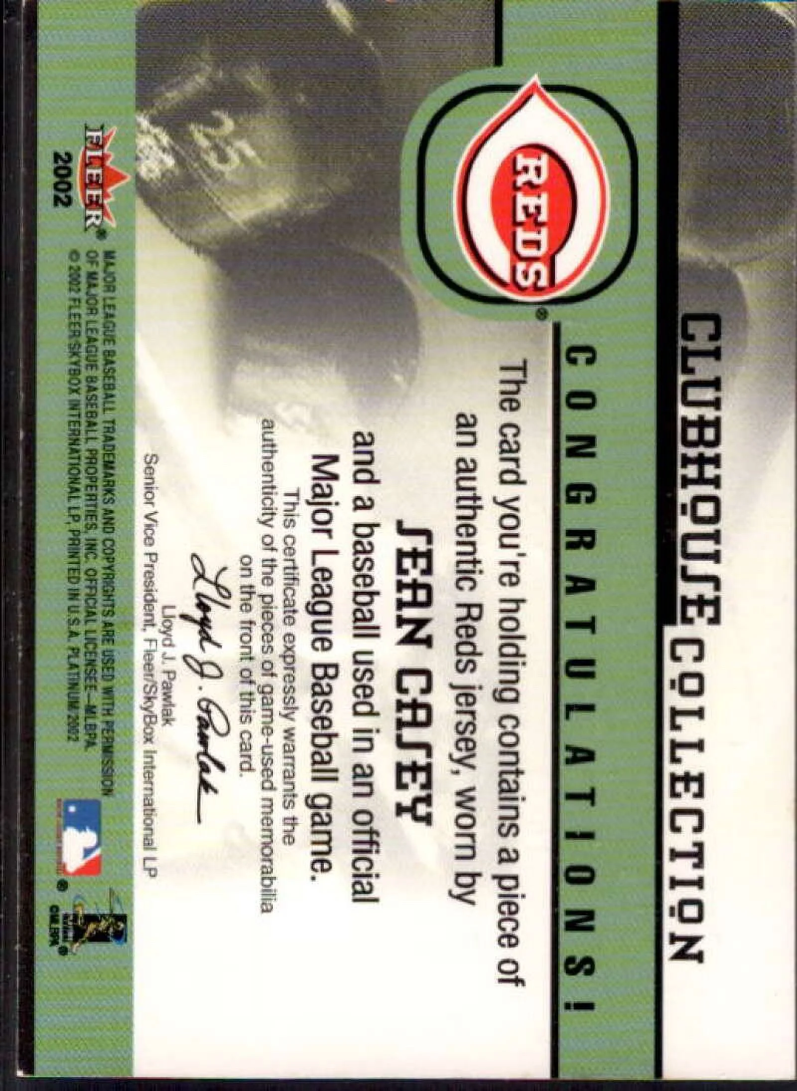 Sean Casey Ball-Jsy Card 2002 Platinum Clubhouse Memorabilia Combos #6