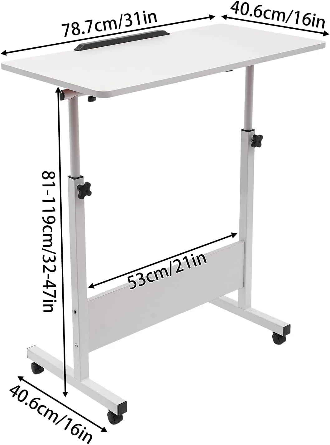 White 16×31” Adjustable Height Standing Desk, Portable Laptop Desk Rolling Computer Stand with 4 Wheels Ideal for Small Spaces and Home Office