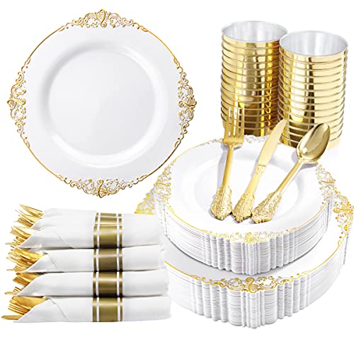 Nervure 350PCS Gold Plastic Plates - Gold Plastic Dinnerware Sets for 50 Guests - 100 Disposable Plates, 150 Silverware, 50 Cups, 50 Napkins for Wedding & Party