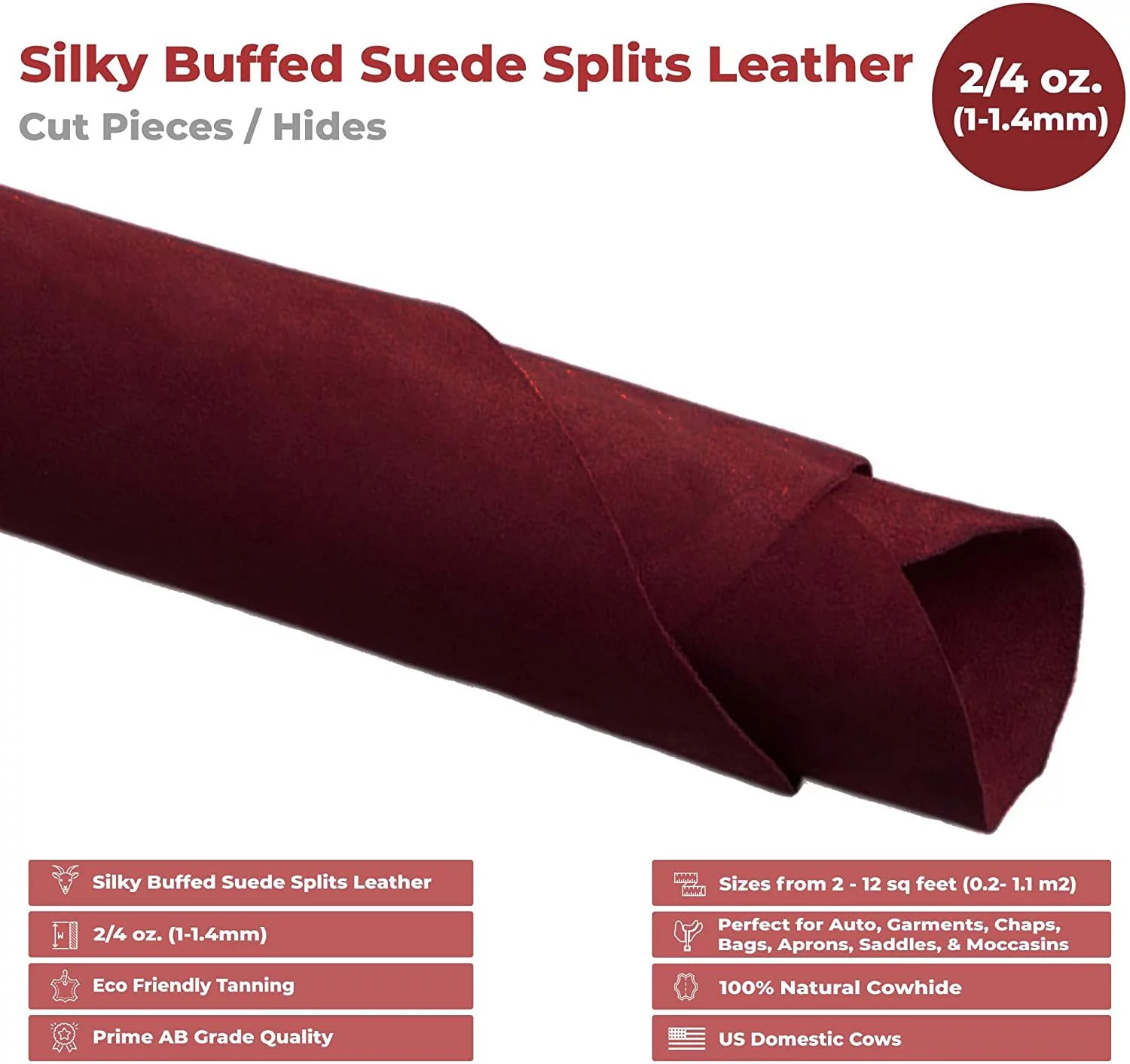 ELW Garment Splits Suede 2-4 oz 1-1.6mm Burgundy, Pre-Cut Piece 10-12 SQ FT - Silky Buffed Leather AB Grade Cowhide - Perfect for Auto, Garments, Chaps, Bags, Vest, Aprons, Saddles, Moccasins