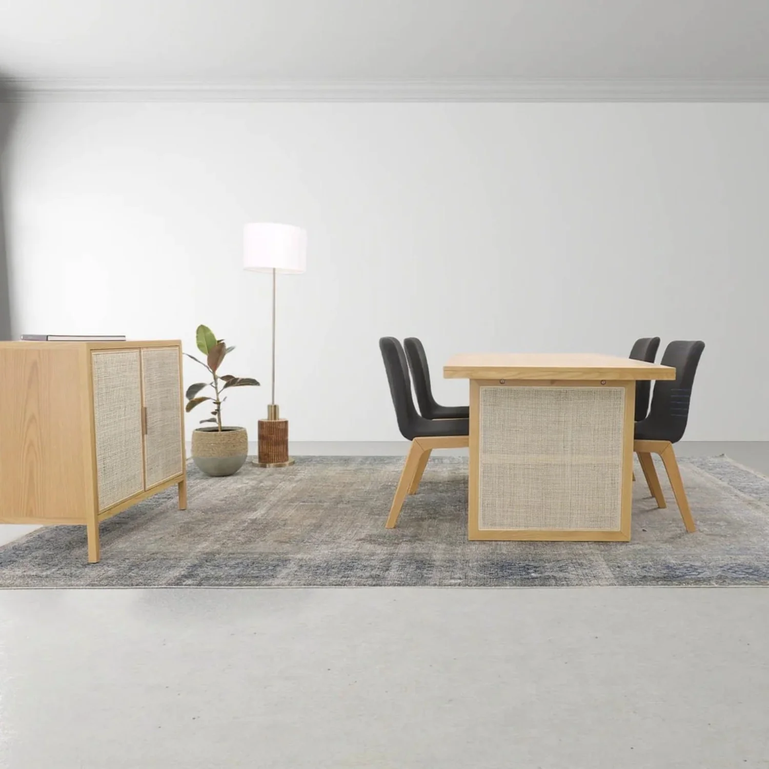 Rattan Natural Oak Wood Dining Table for 6 People