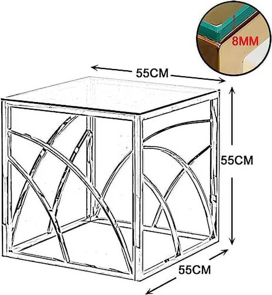 TJUNBOLIFE Square Glass End Table Transparent Glass Top - Sleek Stainless Steel Frame Modern Silver Nightstand Glass  for Living Room  Bedroom