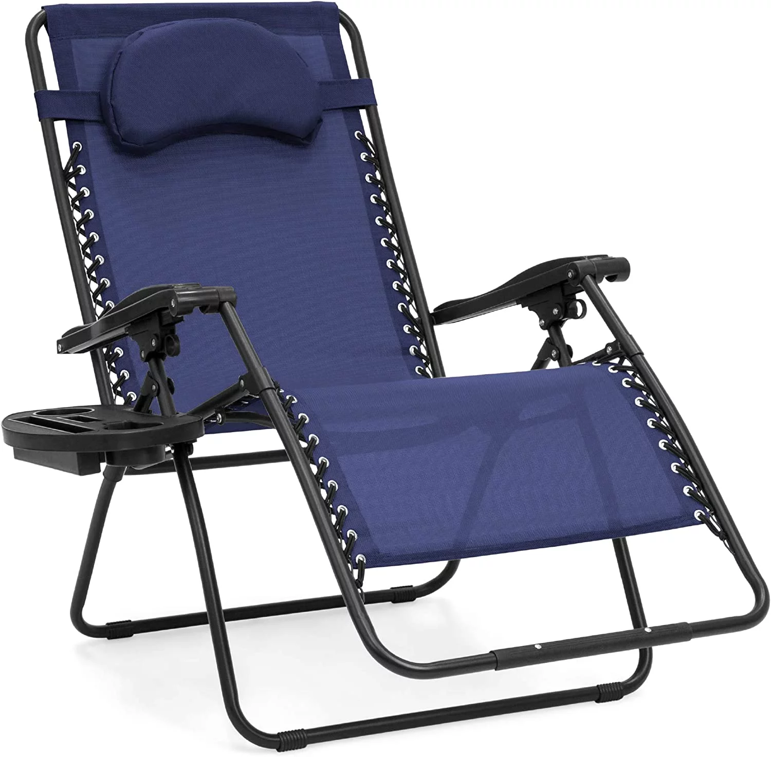 Oversized Zero Gravity Chair, Folding Outdoor Patio Lounge Recliner w/Cup Holder Accessory Tray and Removable Pillow - Navy