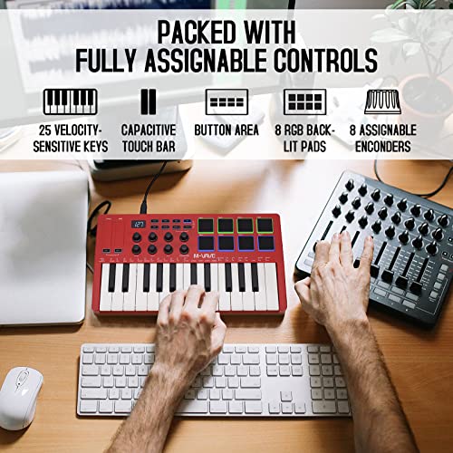 M-WAVE 25 Key USB MIDI Keyboard Controller With 8 Backlit Drum Pads, Bluetooth Semi Weighted Professional dynamic keybed 8 Knobs and Music Production,Software Included (White)