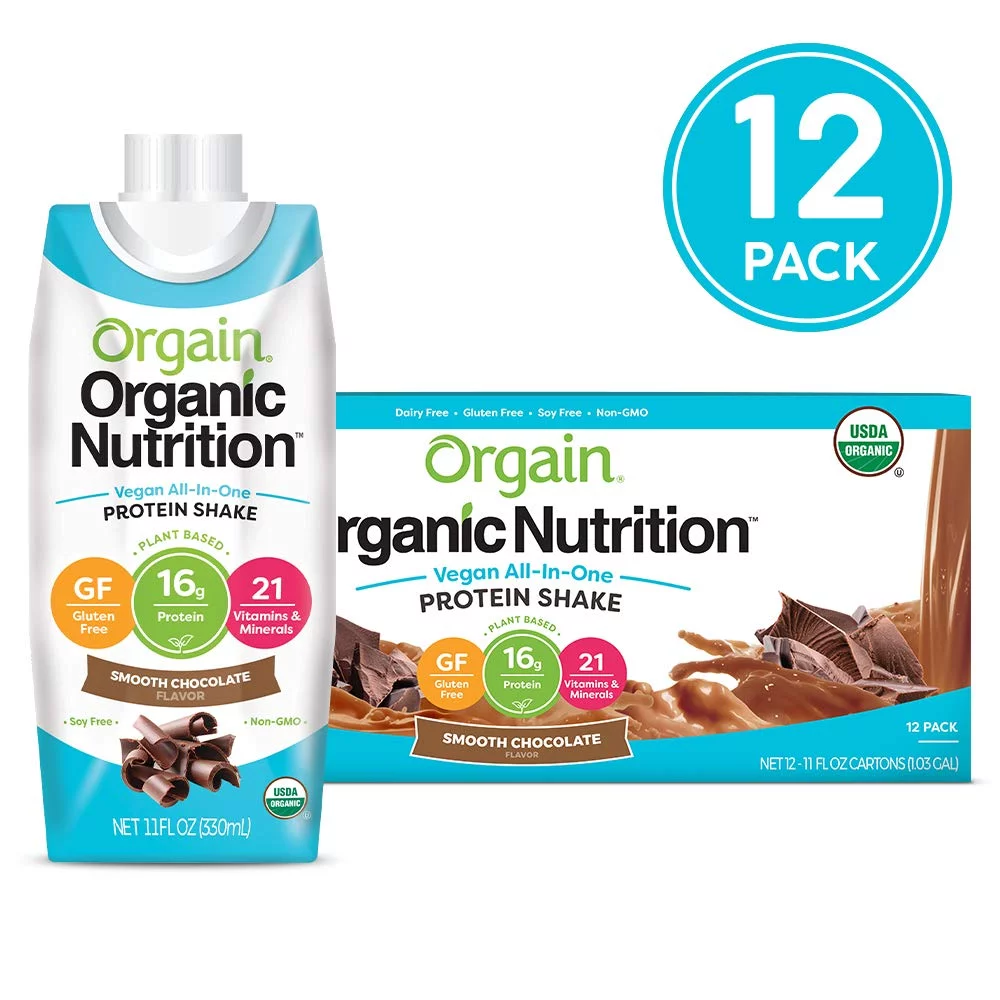 Orgain Organic Vegan Plant Based Nutritional Shake, Smooth Chocolate - Meal Replacement, 16g Protein, 21 Vitamins & Minerals, Dairy Free, Gluten Free, 11 Ounce, 12 Count (Packaging May Vary)