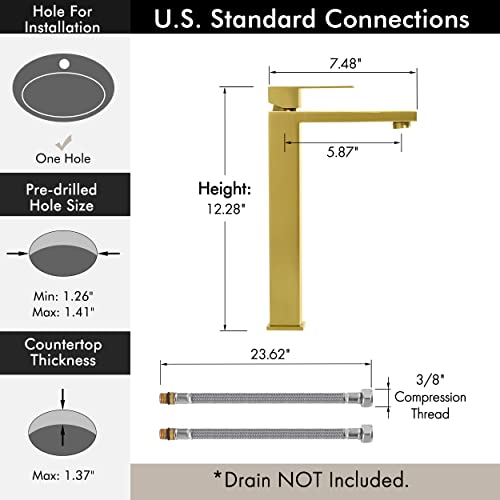 KES Vessel Sink Faucet, Black Bathroom Faucets, Tall Bathroom Faucets with Sink Drain with Overflow, L3156BLFF12-BK-C1