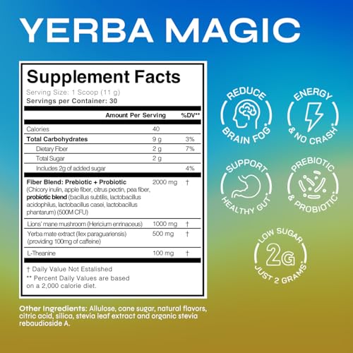 Yerba Mate Instant Tea Powder, 3-in-1 Super Drink - Clean Energy, Brain Fog Buster, and Gut Health Powered by Nootropics, Prebiotics and Probiotics | Yerba Magic Pina Colada 30 Servings