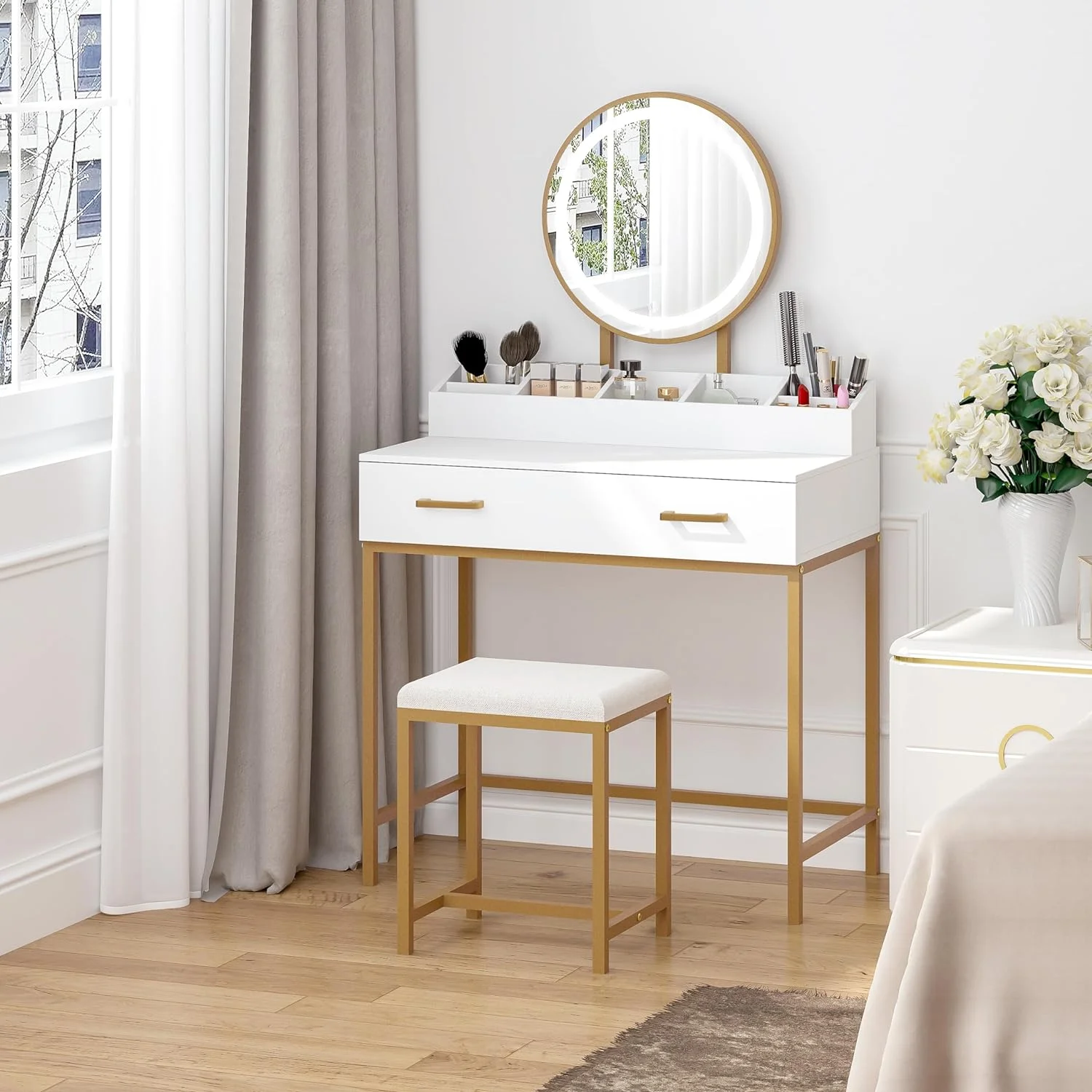 Spirich Home Makeup Vanity Desk with Mirror and Lights, Makeup Vanity Set with Drawers, Small Makeup Vanity Table, 3 Lighting Modes Dresser Desk and Cushioned Stool Set for Bedroom White