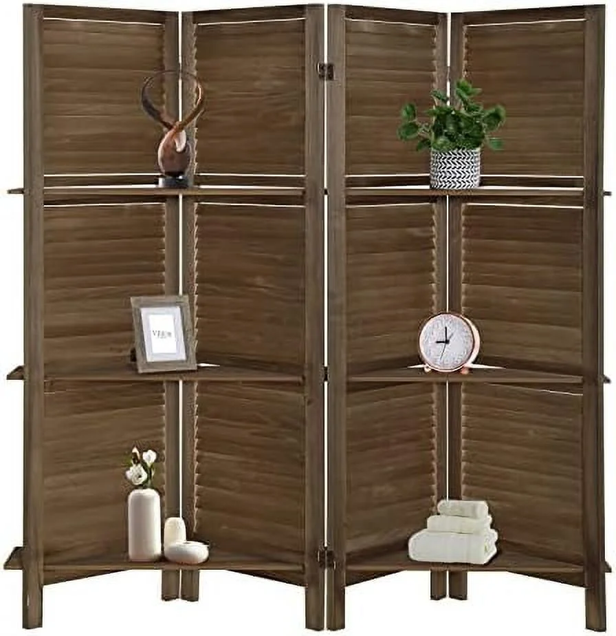 RUNFAYBIU 6 Panel Room Divider with Shelves Fully Assembled 5.6Ft Folding Privacy Screens Wooden Room Dividers and Room Separator for Home Bedroom  Dark Brown