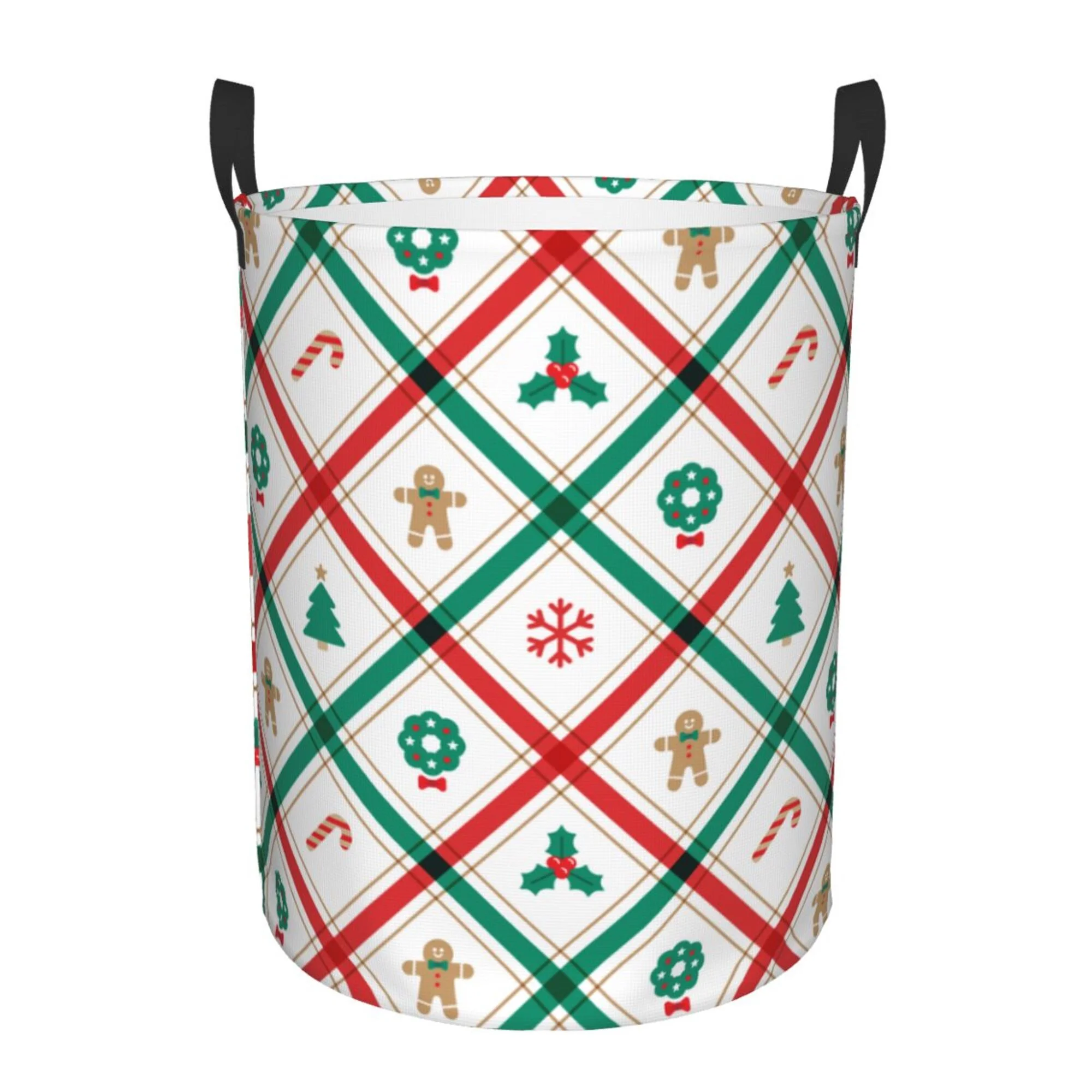 TEQUAN Waterproof Laundry Hampers, Christmas Tree Striped Plaid Pattern Clothes Storage Basket with Handle (S)