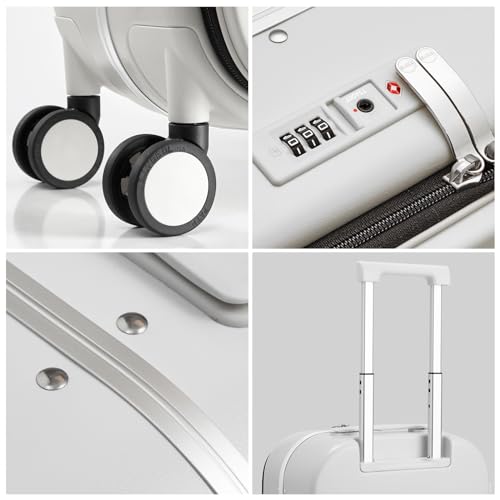 mixi Carry On Luggage, 20'' Suitcase with Front Laptop Pocket, Travel Rolling Luggage Aluminum Frame PC Hardside with Spinner Wheels & TSA Lock and Cover - Smoke White