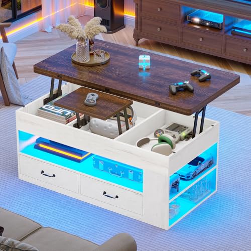 Itaar Lift Top Coffee Table, 4 in 1 Coffee Tables with Storage and Hidden Compartment, Farmhouse Coffee Table with 2 Fabric Drawers & LED Light for Living Room, Grey Oak