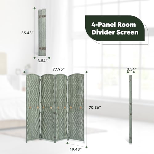 JOSTYLE Folding Privacy Room Divider, 4 Panel Screen Divider 6 ft. Tall Freestanding Extra Wide Rattan Room Partition Wall Separation Dividers, Grey
