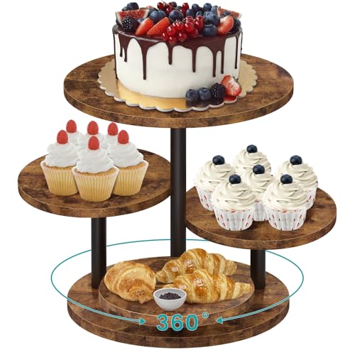 ELITEROO 4 Tier Round Cupcake Tower Stand for 50 Cupcakes, 360° Rotating Wood Cake Stand with Tiered Trays, Farmhouse Cookie Stand for Dessert Table Display for Wedding Birthday Baby Shower Tea Party