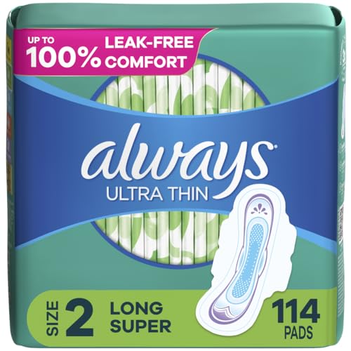 Always Ultra Thin Feminine Pads For Women, Size 2 Long Super Absorbency, With Wings, Unscented, 58 Count(Pack of 1)