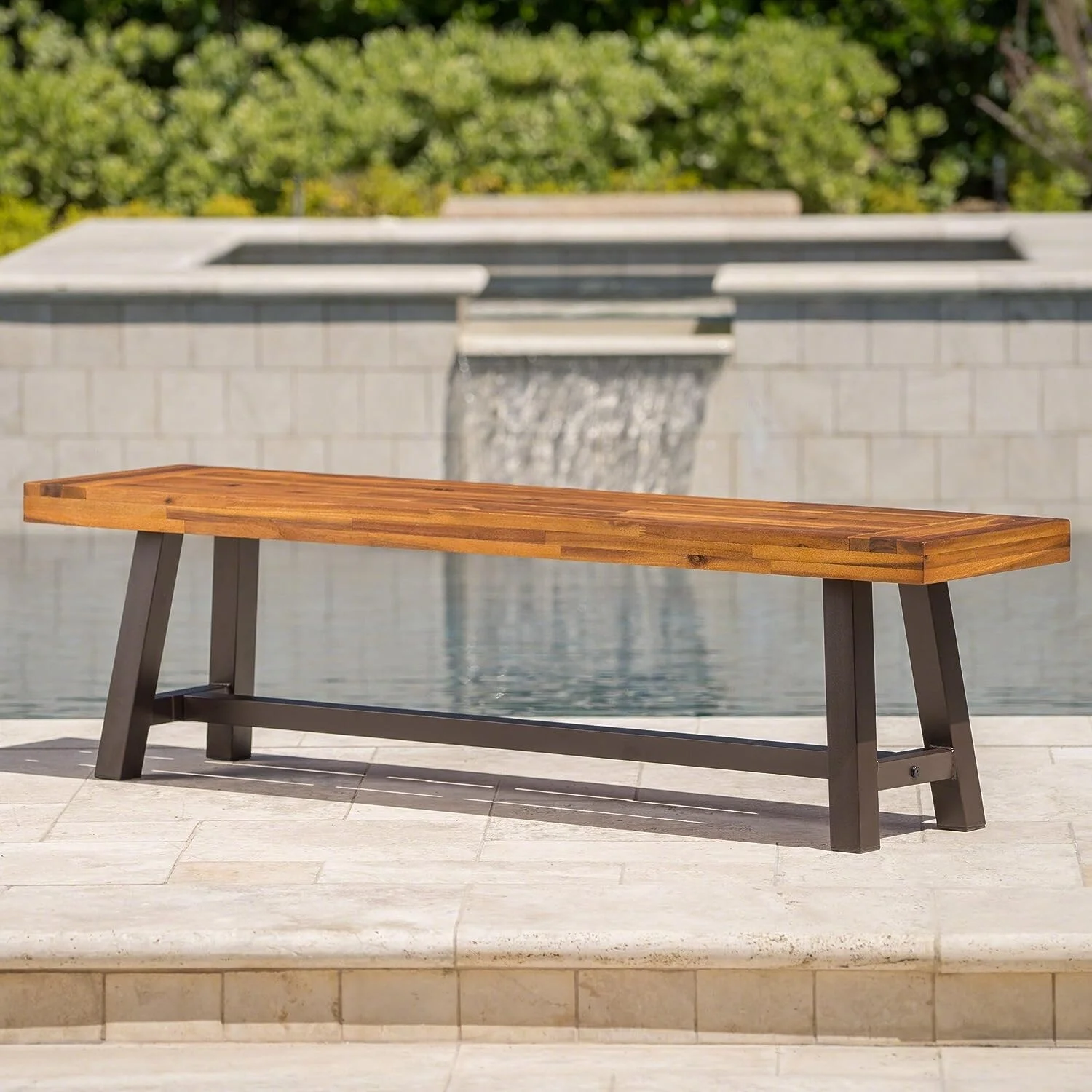 Outdoor Acacia Wood and Rustic Metal Bench